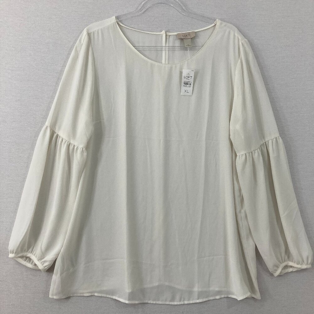 New LOFT size XL White Round Neck Flowy Long Sleeve Blouse Preppy‎ Office